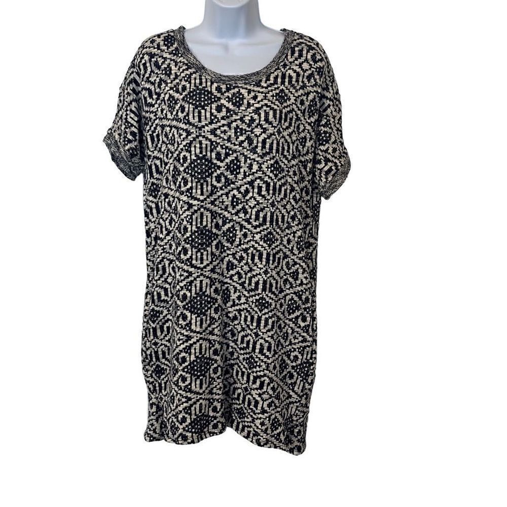 Dee Elle EUC Blue White Nordic Abstract Print Short Sleeve Sweater Dress Tunic S